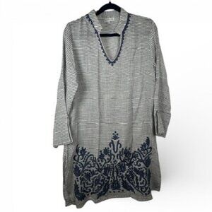 Debbie Katz South Beach Size L Beach Cover Up Grey Striped Blue Embroidered